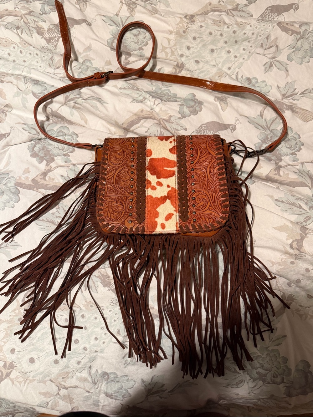 Fringed Western Cowhide Crossbody Bag in Brown and Cream
